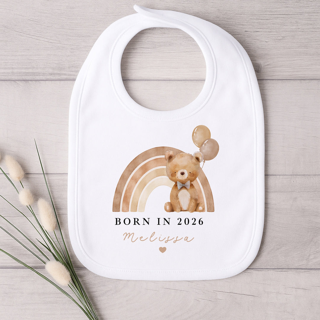 Personalised Beige Bear Rainbow Born in 2026 Baby Grow, Vest or Bib