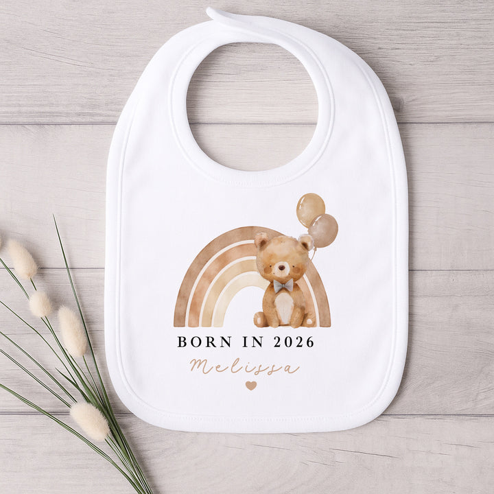 Personalised Beige Bear Rainbow Born in 2026 Baby Grow, Vest or Bib