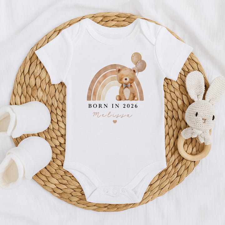 Personalised Beige Bear Rainbow Born in 2026 Baby Grow, Vest or Bib