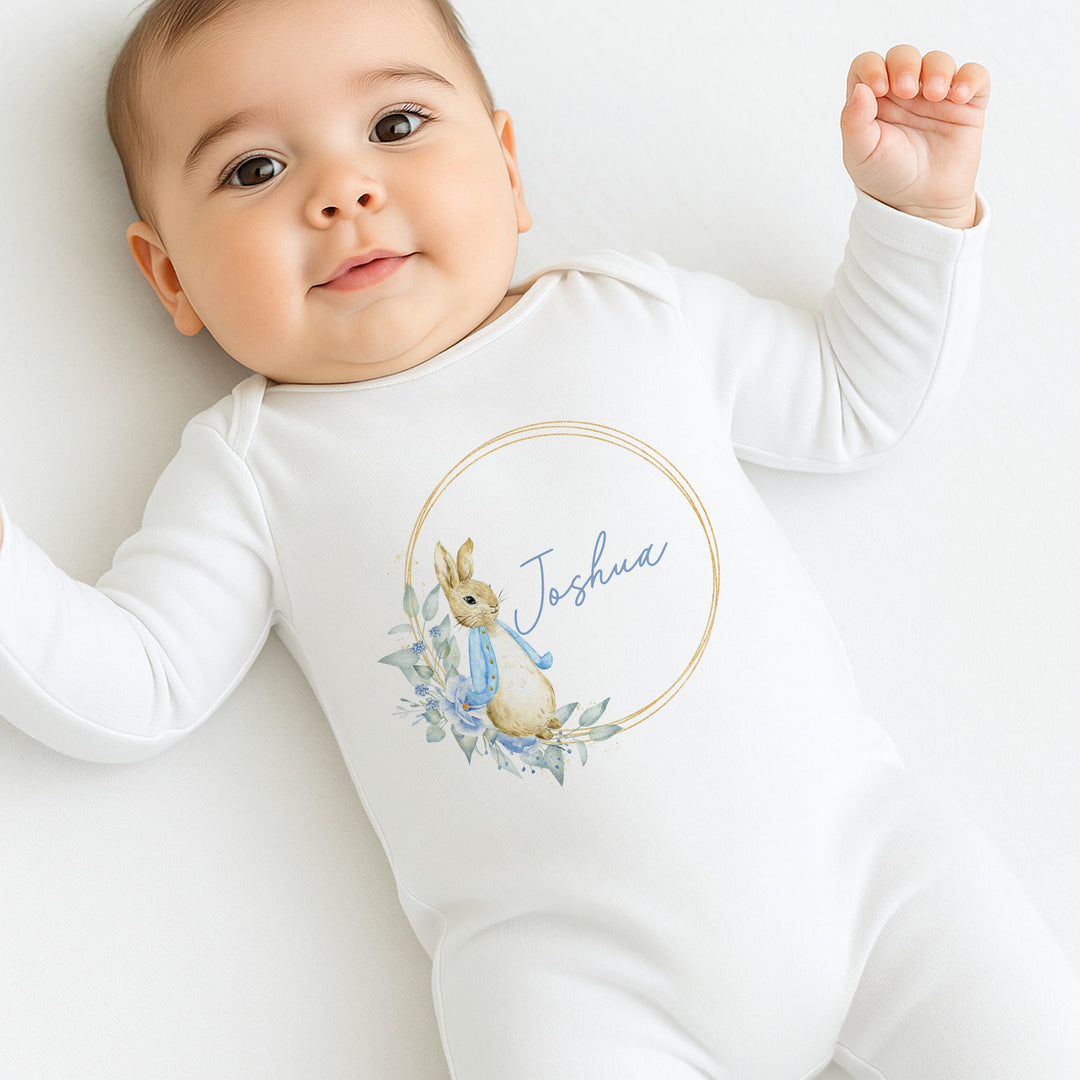 Personalised Boys Blue Bunny Wreath Babygrow & Bunny Set
