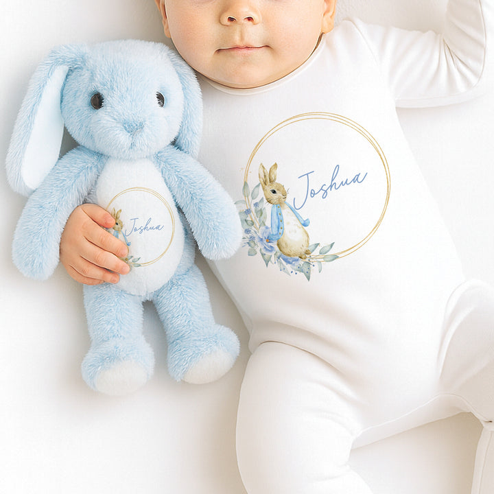 Personalised Boys Blue Bunny Wreath Babygrow & Bunny Set