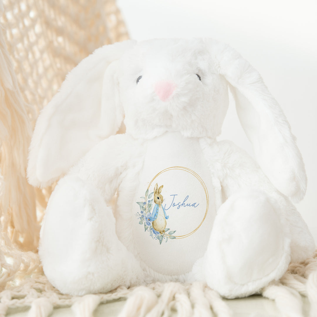 Personalised Boys Blue Bunny Wreath Babygrow & Bunny Set