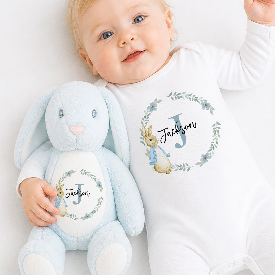 Personalised Boys Floral Wreath Babygrow &amp; Rabbit Set