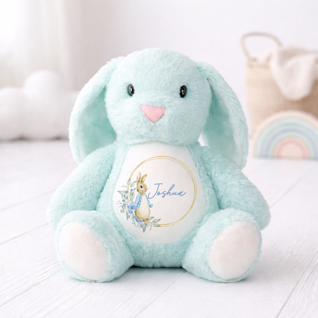 Personalised Boys Blue Bunny Wreath Babygrow &amp; Rabbit Set