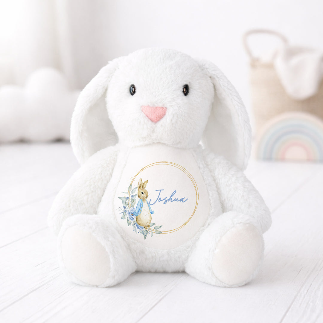 Personalised Boys Blue Bunny Wreath Babygrow &amp; Rabbit Set