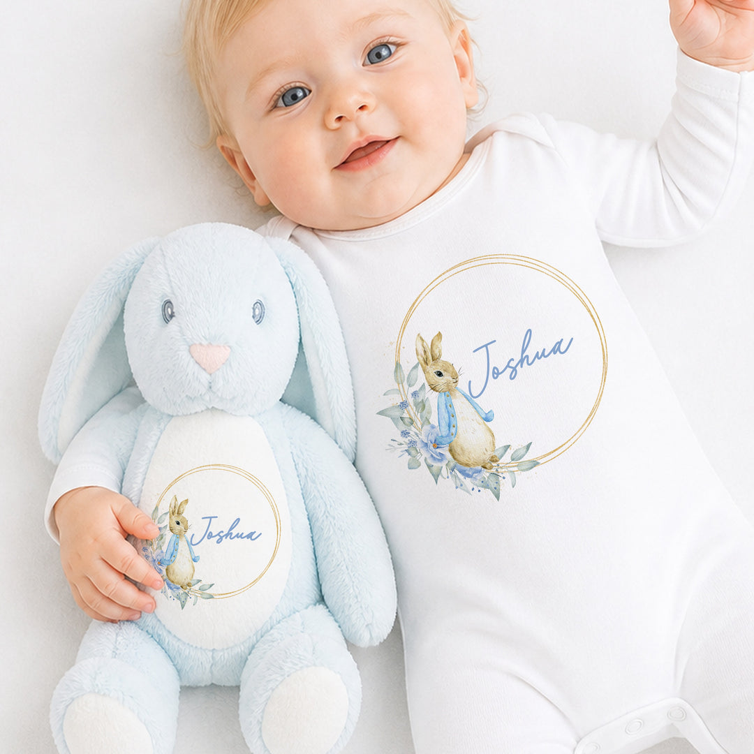 Personalised Boys Blue Bunny Wreath Babygrow &amp; Rabbit Set