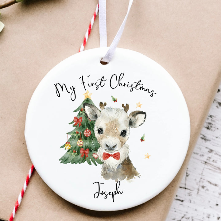 Personalised Boy Reindeer Baby's First Christmas Ceramic Ornament