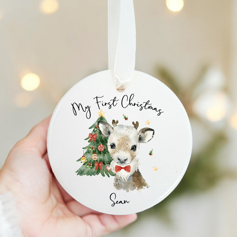 Personalised Boy Reindeer Baby's First Christmas Ceramic Ornament