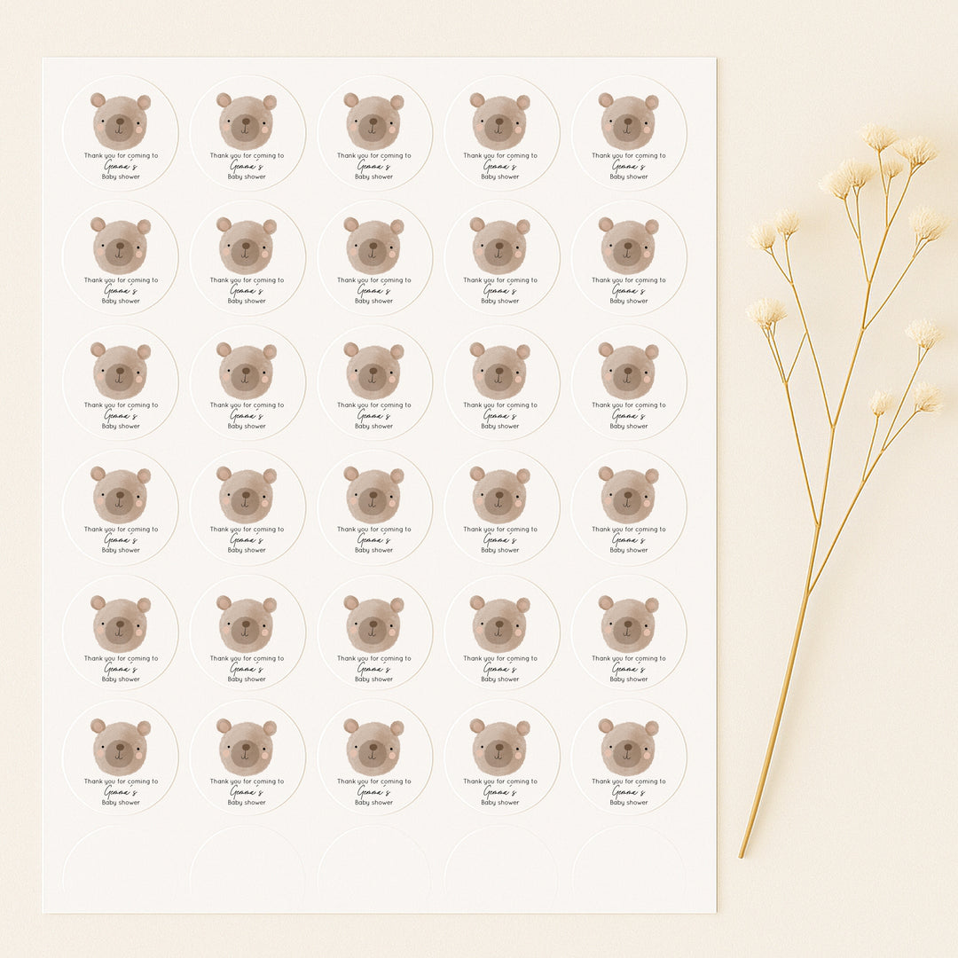 Personalised Brown Bear Baby Shower Stickers