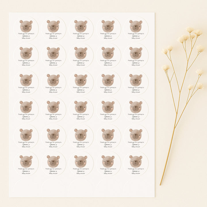 Personalised Brown Bear Baby Shower Stickers