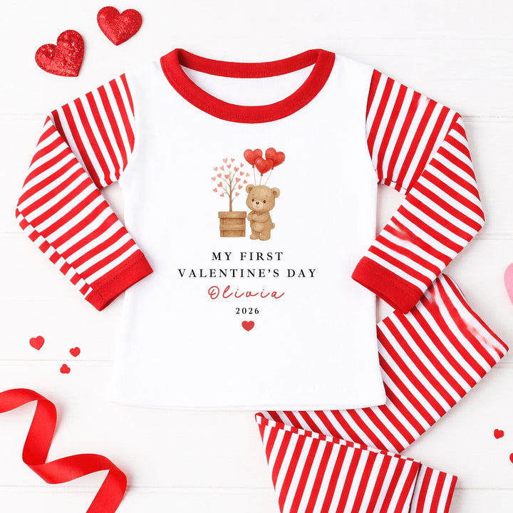 Personalised Brown Bear My First Valentine's Day Red Stripe Pyjamas