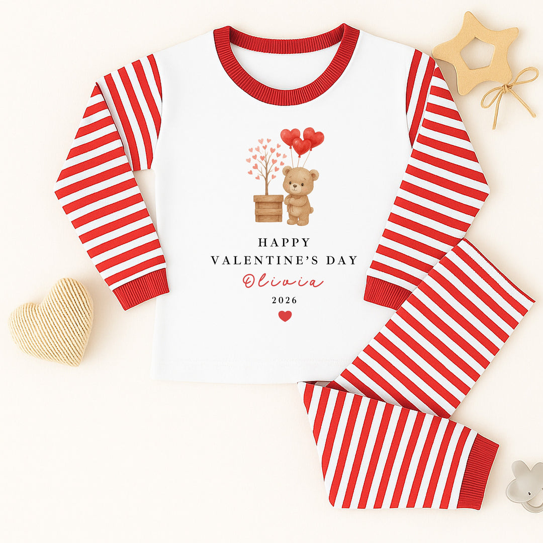 Personalised Brown Bear My First Valentine's Day Red Stripe Pyjamas