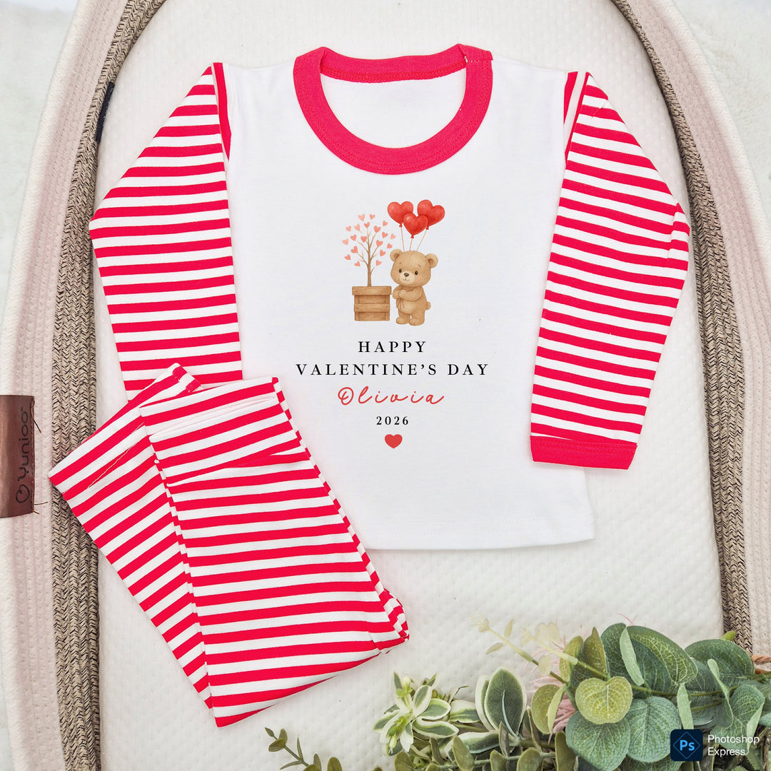 Personalised Brown Bear My First Valentine's Day Red Stripe Pyjamas