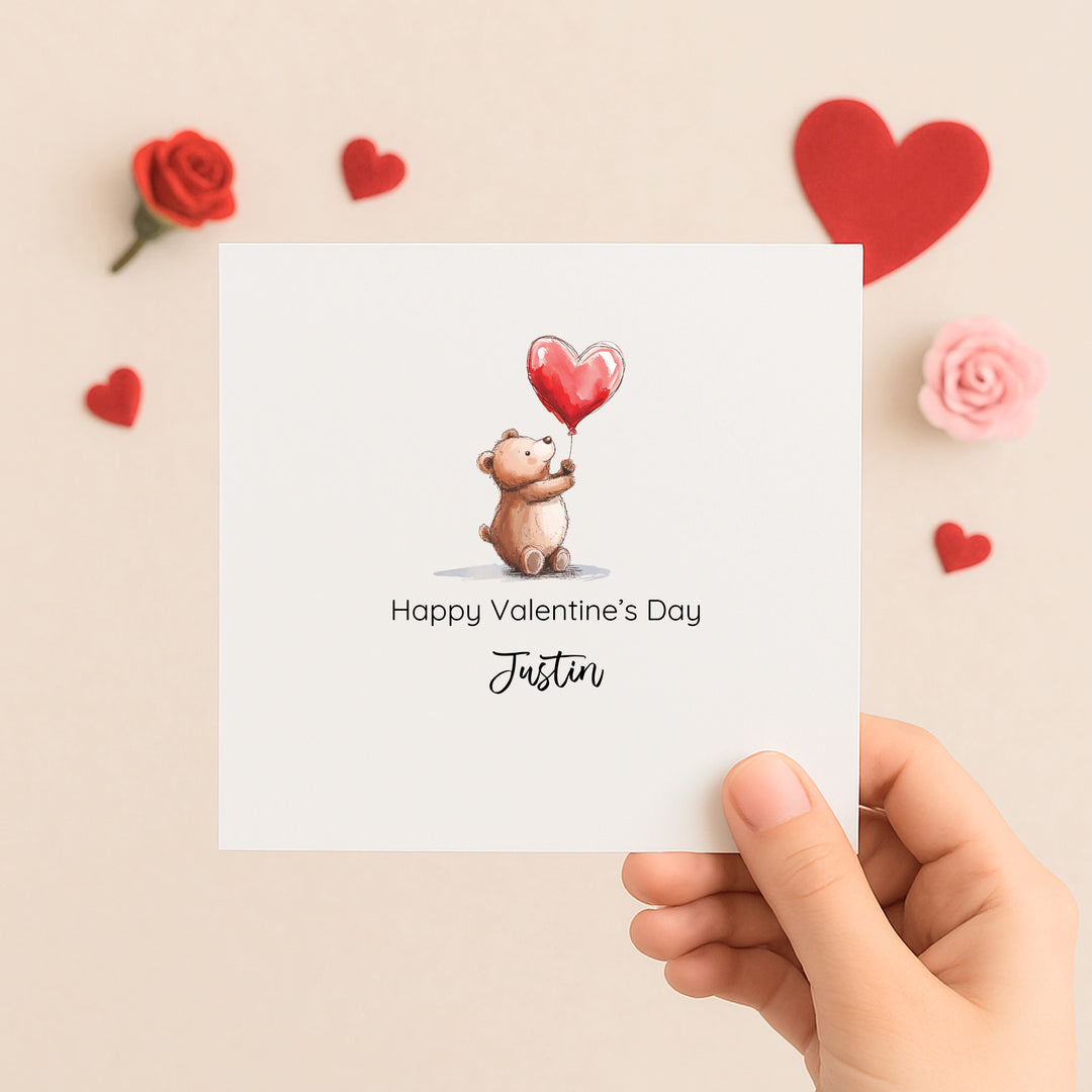 Personalised Happy Valentines Day Bears Red Balloons Card