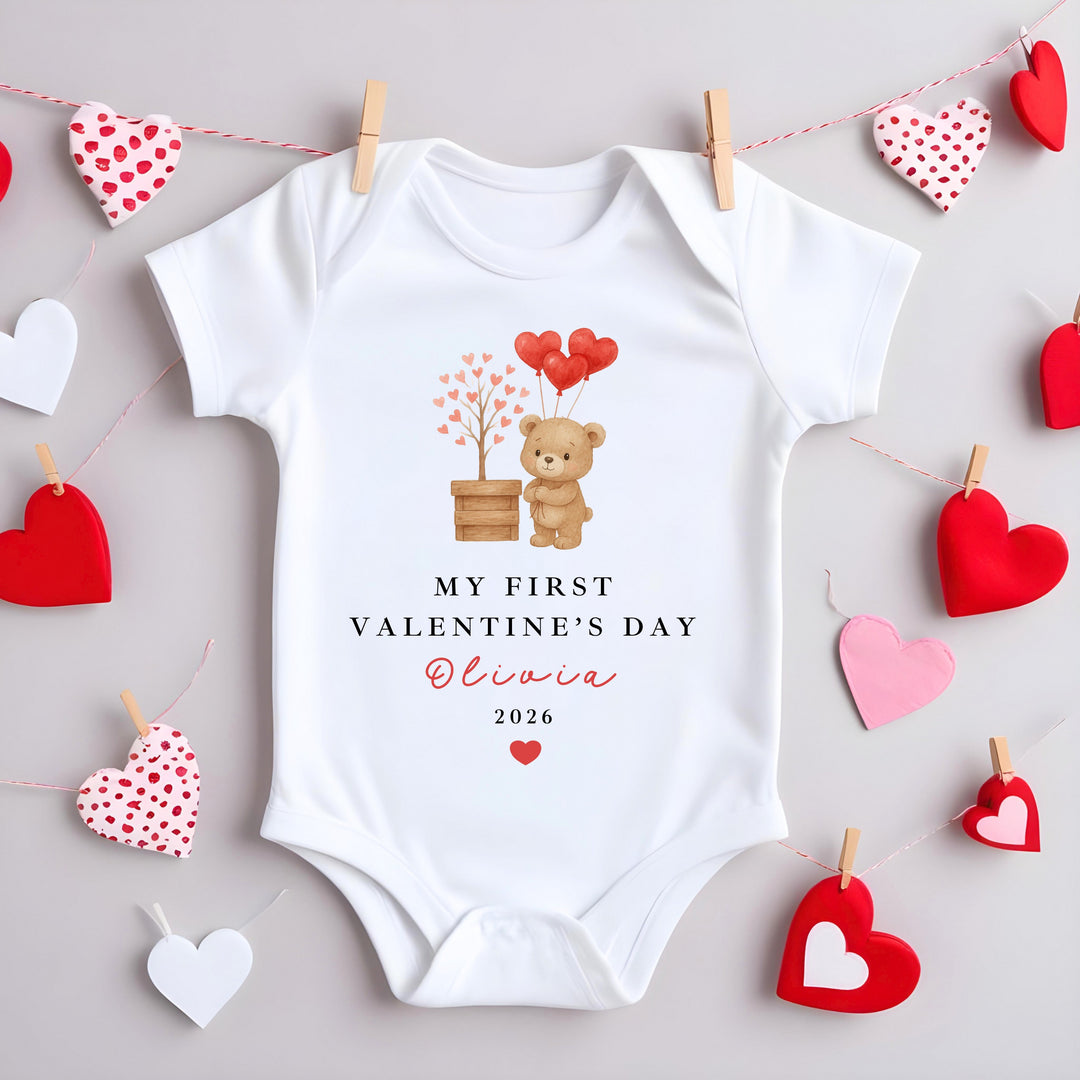 Personalised Brown Bear My First Valentines Day Baby Grow, Vest or Bib