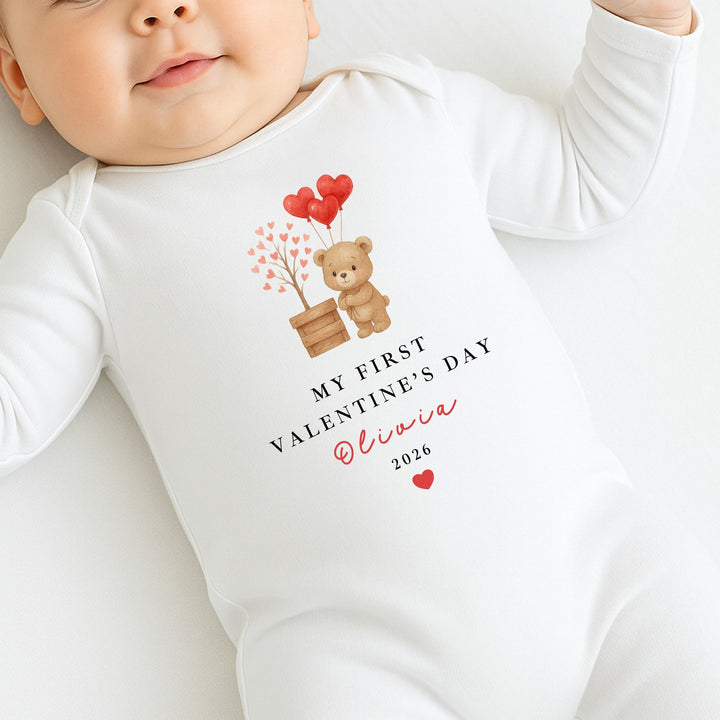 Personalised Brown Bear My First Valentines Day Baby Grow, Vest or Bib