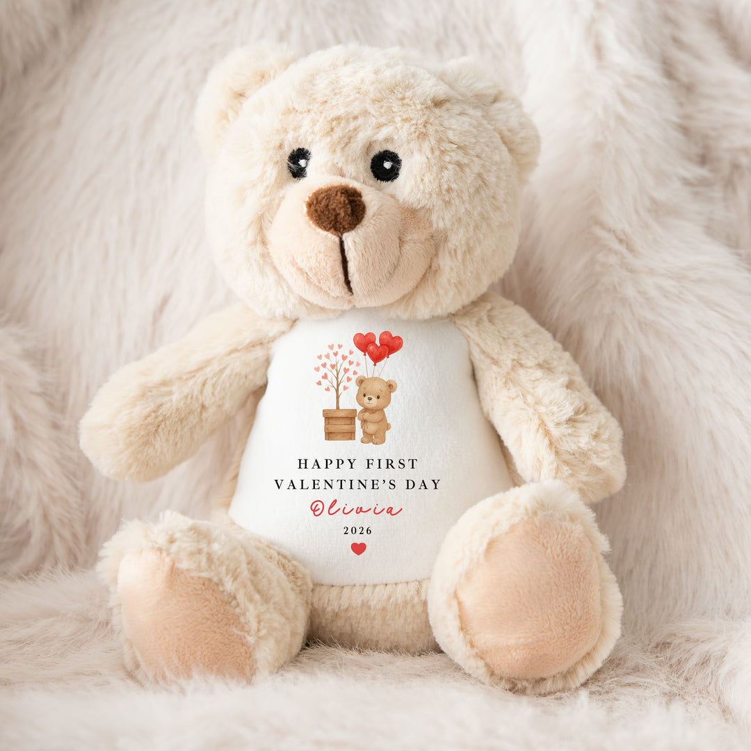 Personalised Brown Bear Happy First Valentine's Day Soft Toy