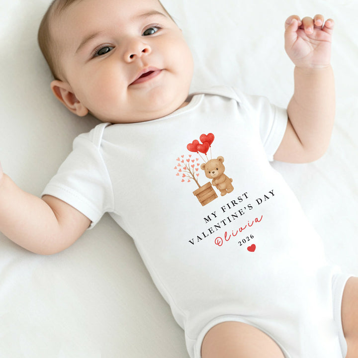 Personalised Brown Bear My First Valentines Day Baby Grow, Vest or Bib