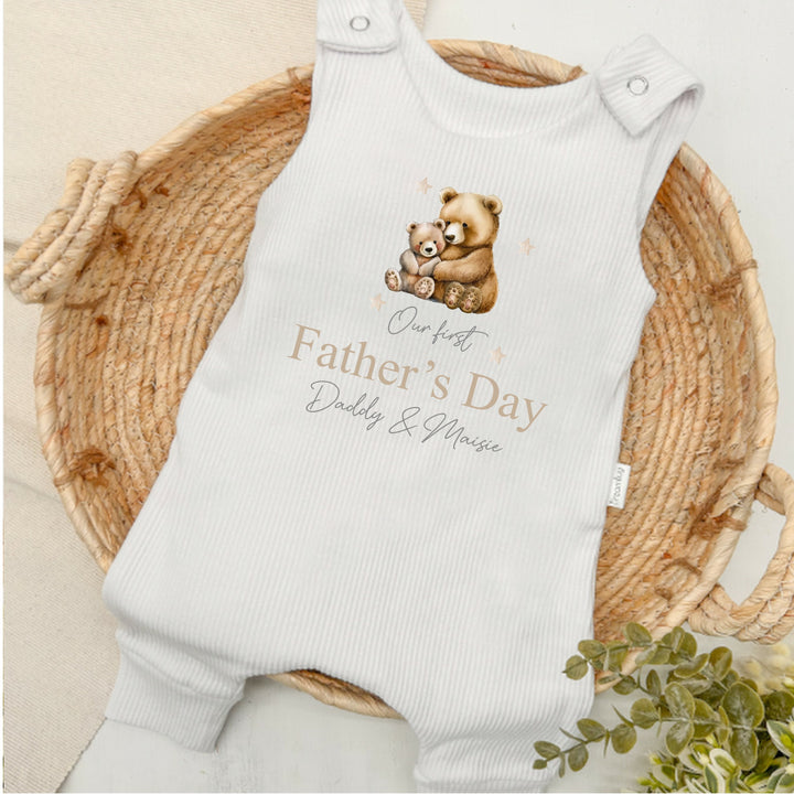 Personalised Brown Bears First Father's Day Ribbed Dungarees