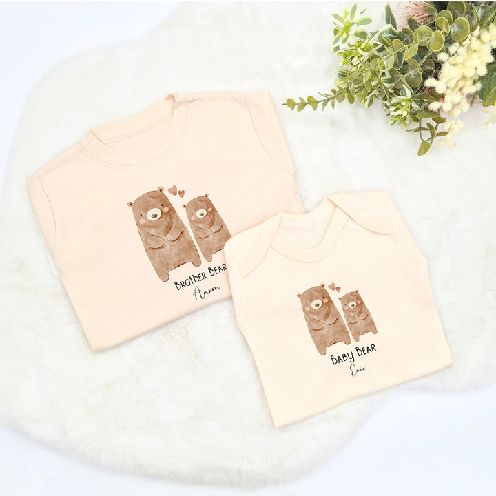 Personalised Bears Sibling Matching Beige Babygrow/T-shirt