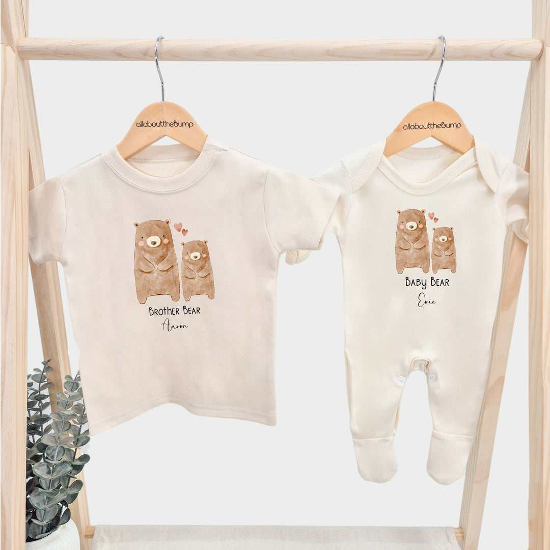 Personalised Bears Sibling Matching Beige Babygrow/T-shirt