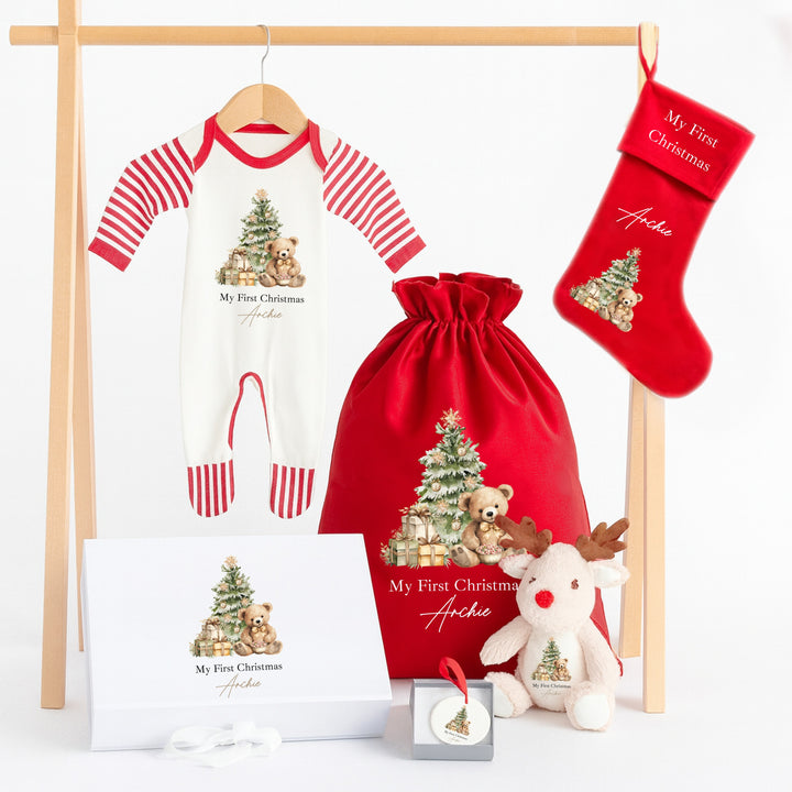 My First Christmas 2025 Bundle (Babygrow, Toy, Ornament Wht Box, Sack, Stocking ,Box & Card)
