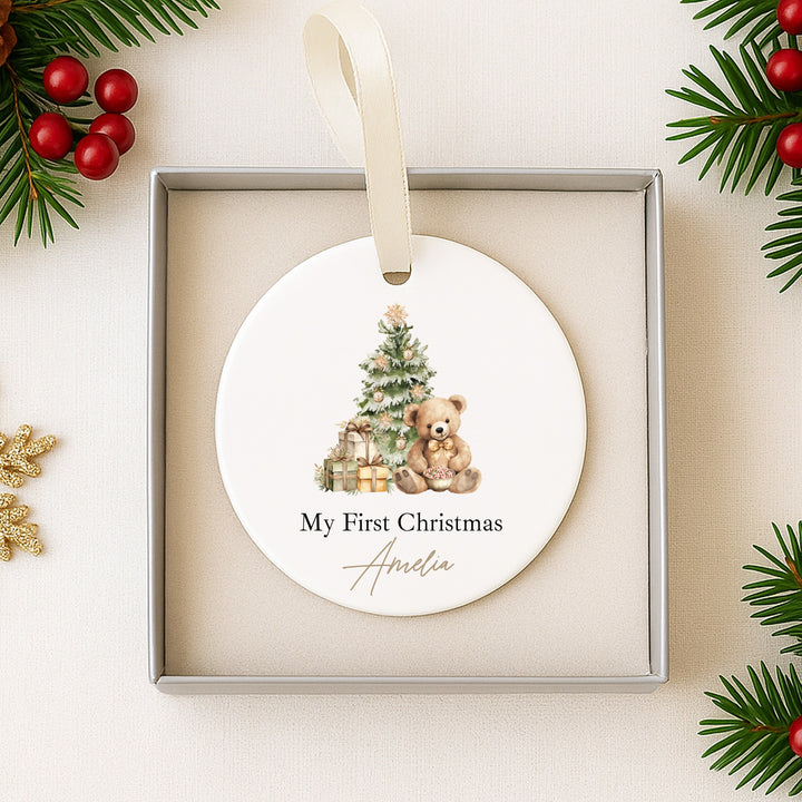 Personalised Beige Teddy Christmas Bauble