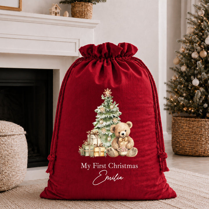 Personalised Beige Teddy My First Christmas Stocking or Santa Sack