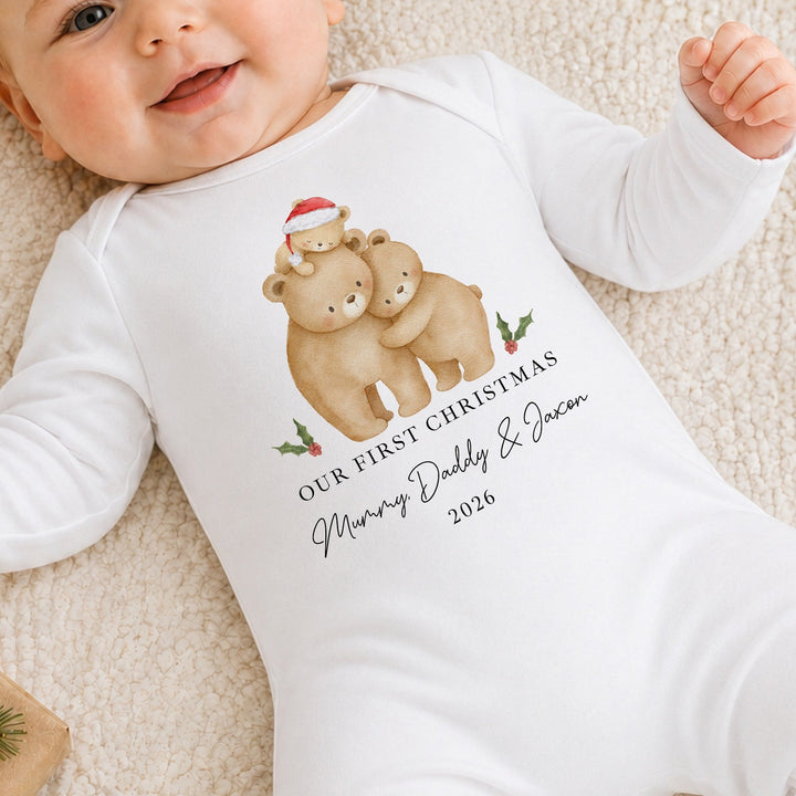 Personalised Family Bears Our First Christmas Together Baby Grow or Vest