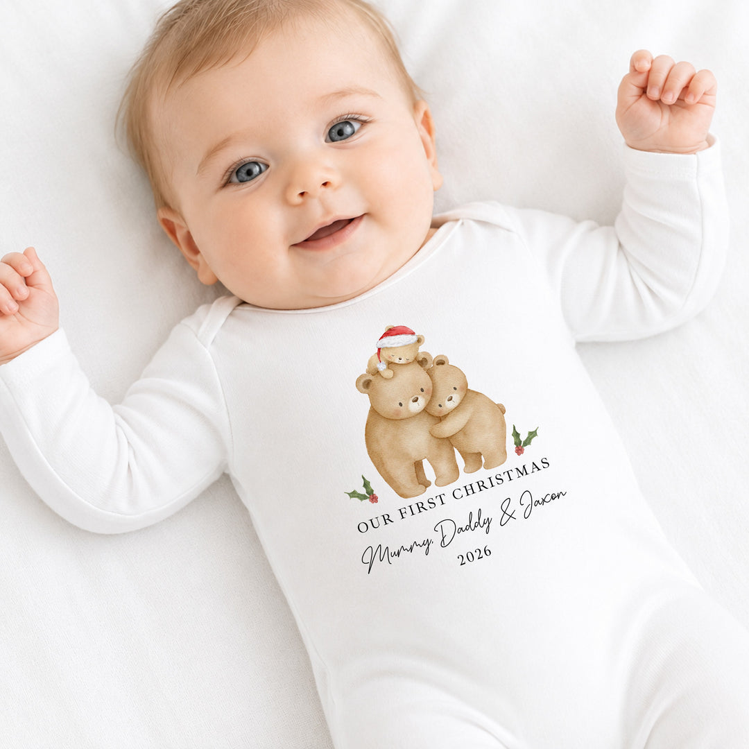 Personalised Family Bears Our First Christmas Together Baby Grow or Vest