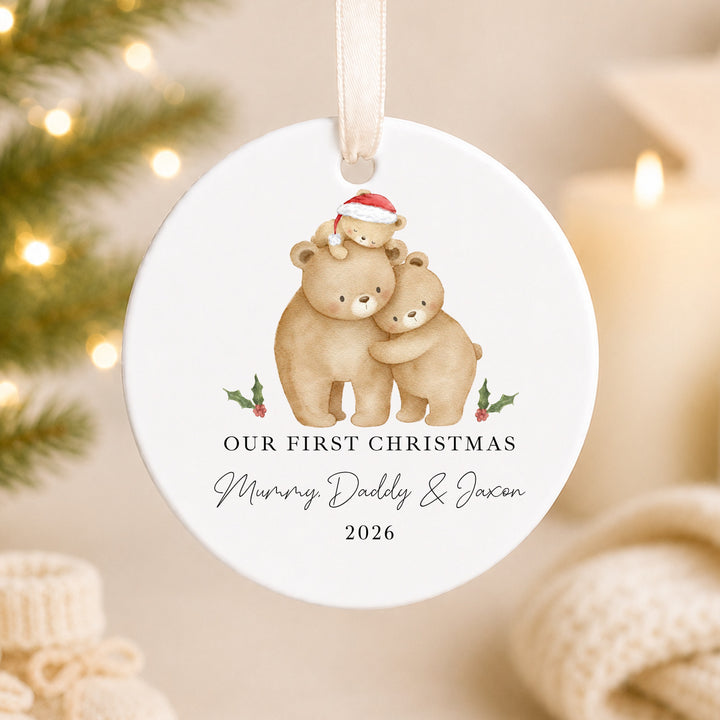 Personalised Family Bears Our First Christmas Together Ceramic Bauble