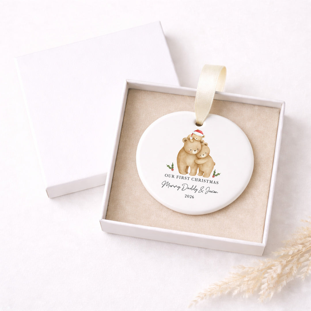 Personalised Family Bears Our First Christmas Together Ceramic Bauble