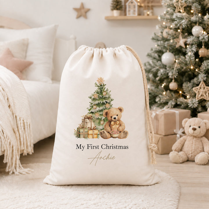 Personalised Beige Teddy My First Christmas Canvas Santa Sack