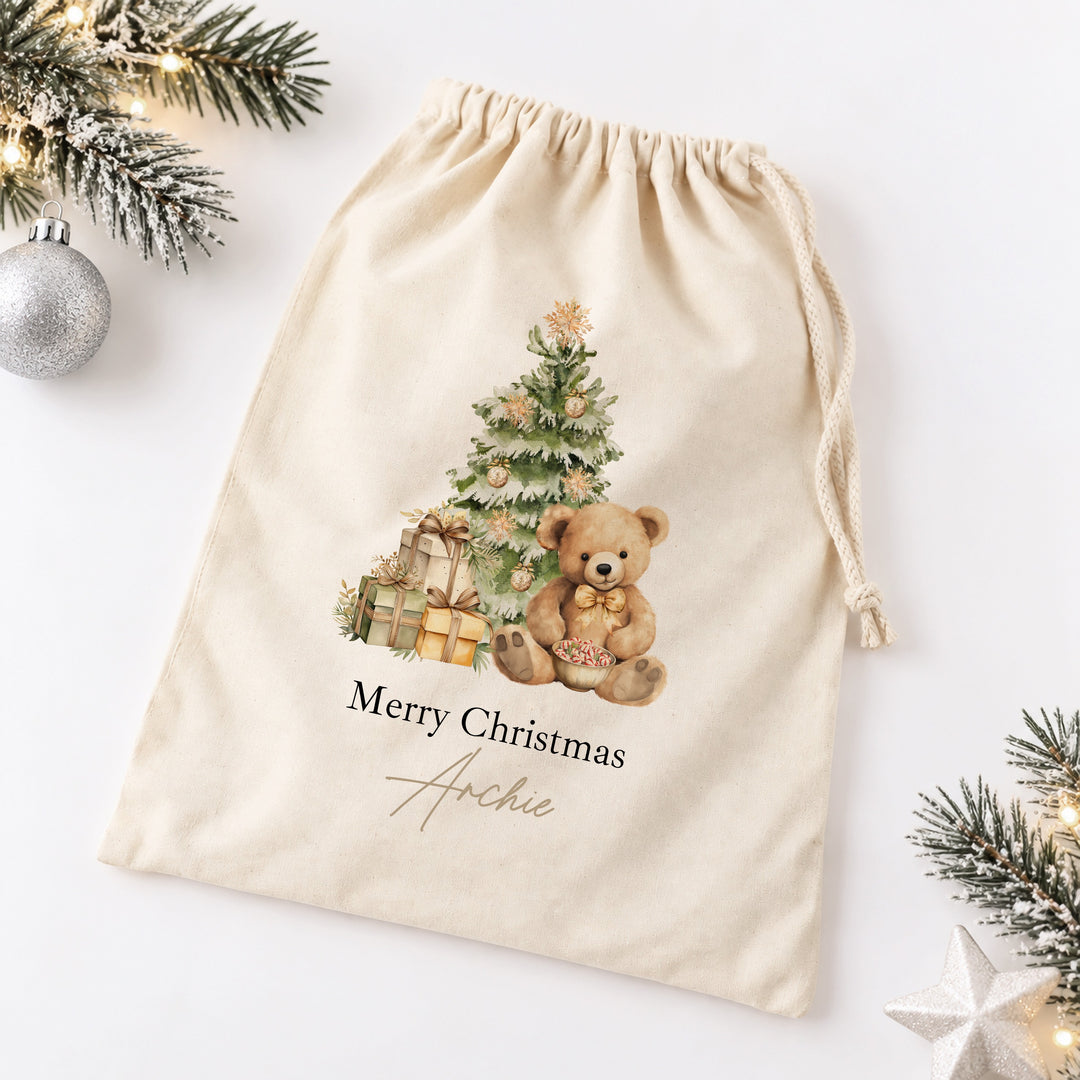 Personalised Beige Teddy My First Christmas Canvas Santa Sack