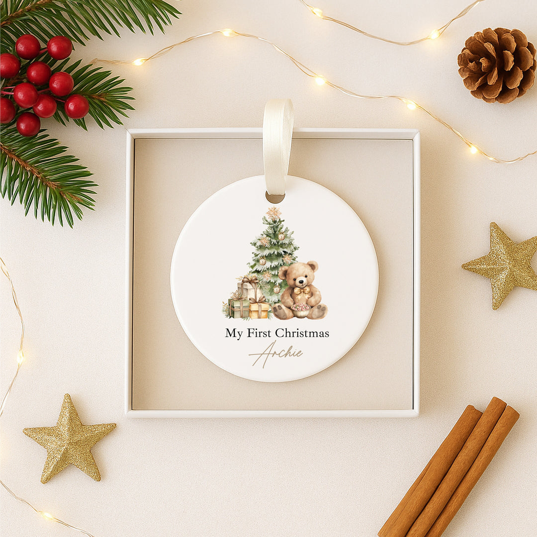 Personalised Beige Teddy Christmas Bauble