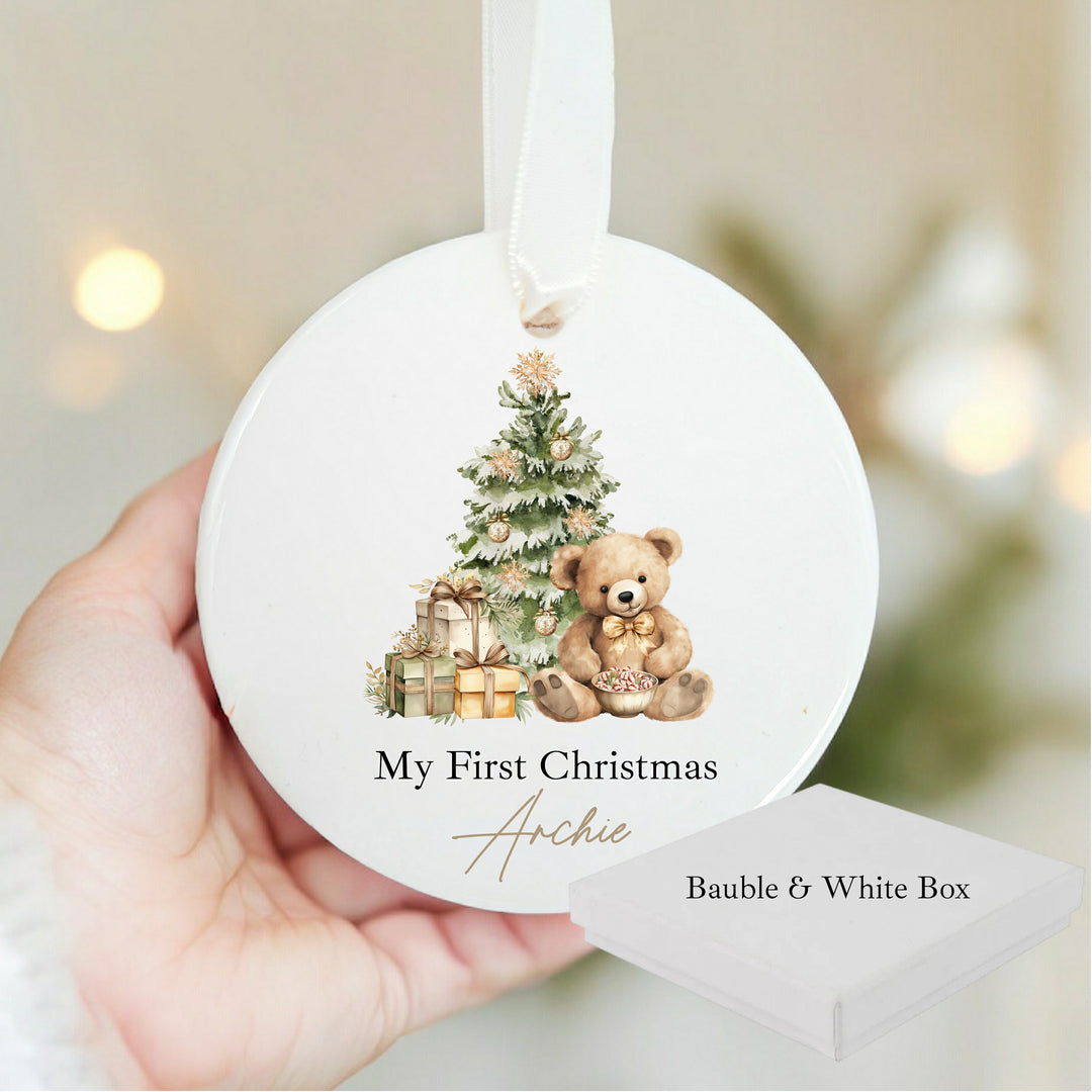 Personalised Beige Teddy Christmas Bauble