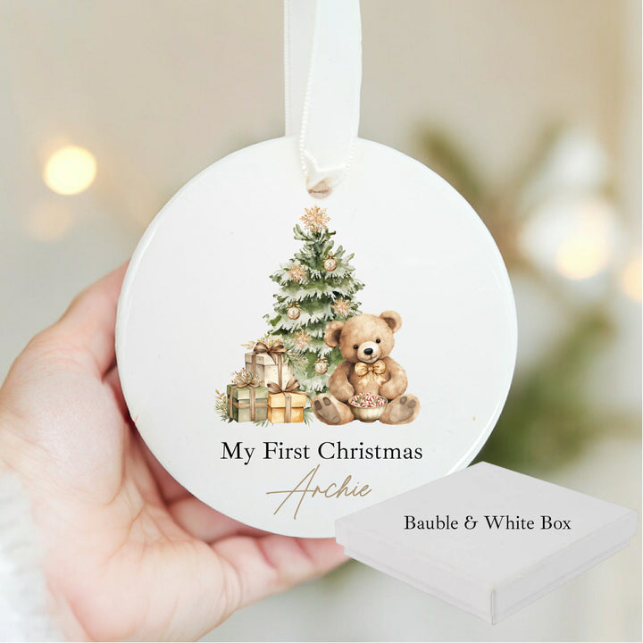 Personalised Beige Teddy Christmas Bauble
