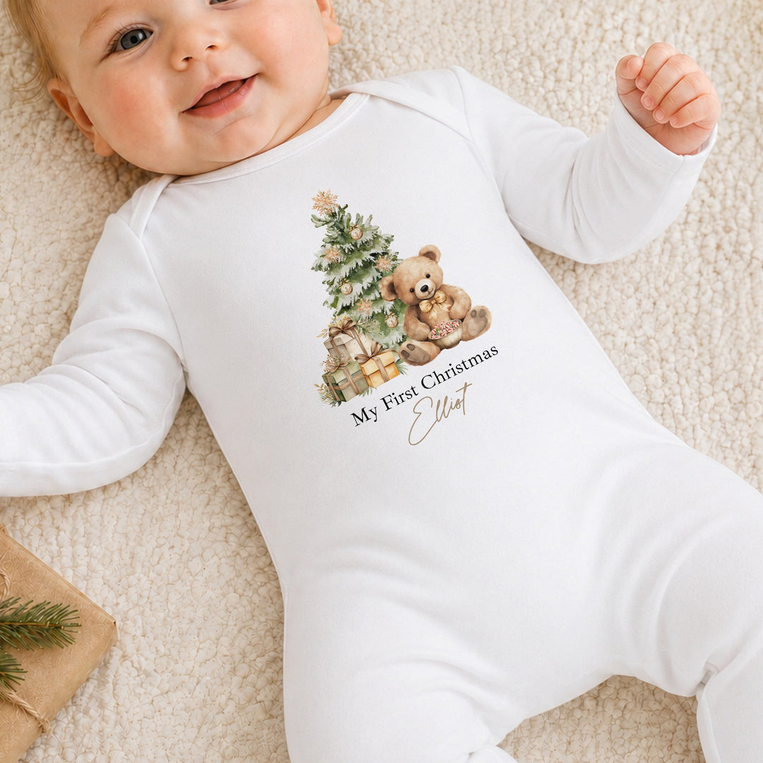 Personalised Beige Teddy My First Christmas Baby Grow, Vest or Bib