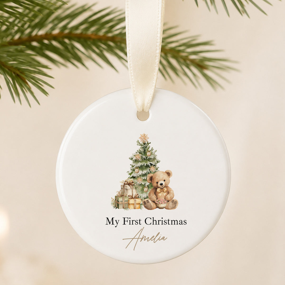 Personalised Beige Teddy Ceramic My First Christmas Bauble