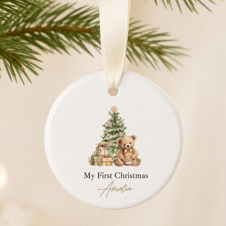 Personalised Beige Teddy Ceramic My First Christmas Bauble