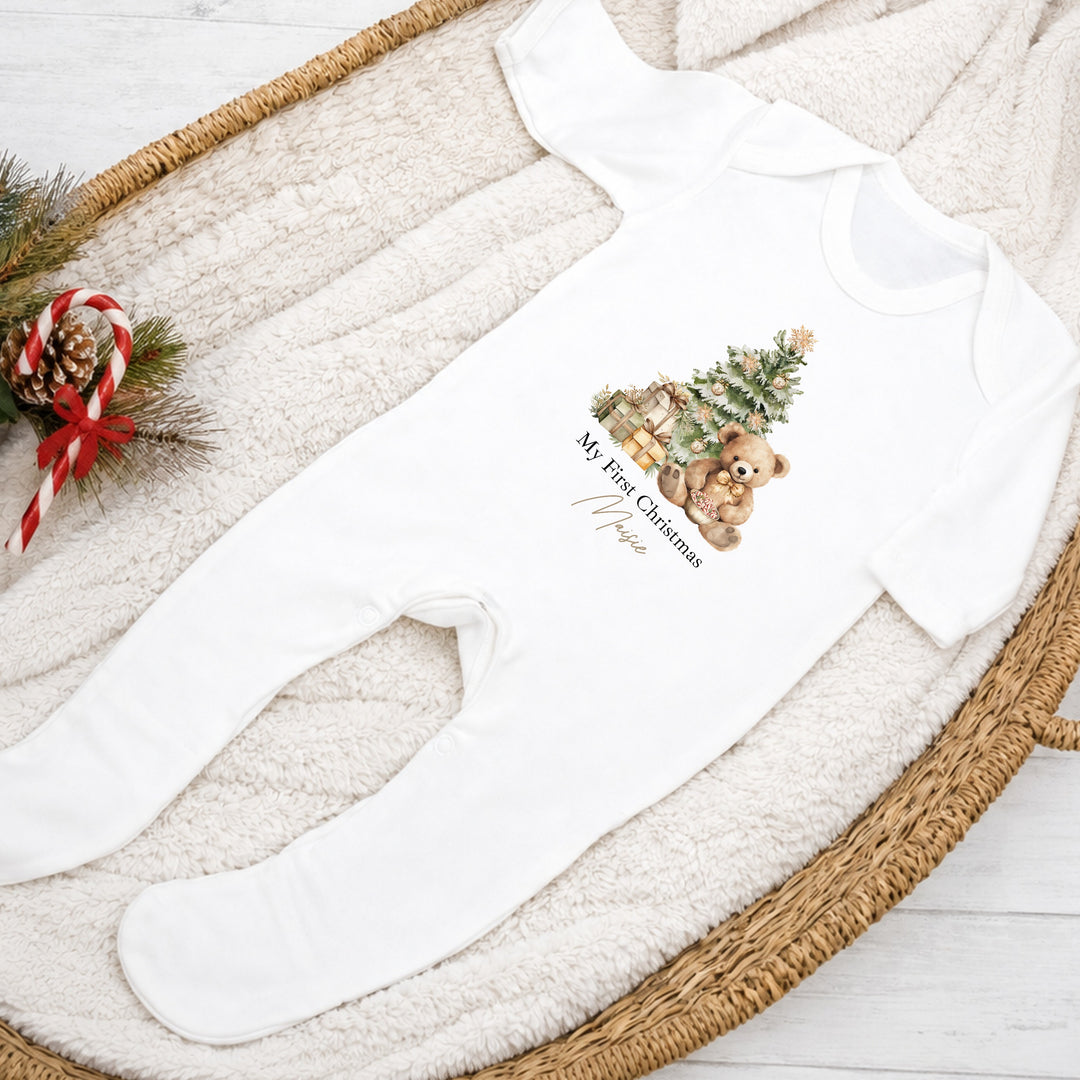 Personalised Beige Teddy My First Christmas Baby Grow, Vest or Bib