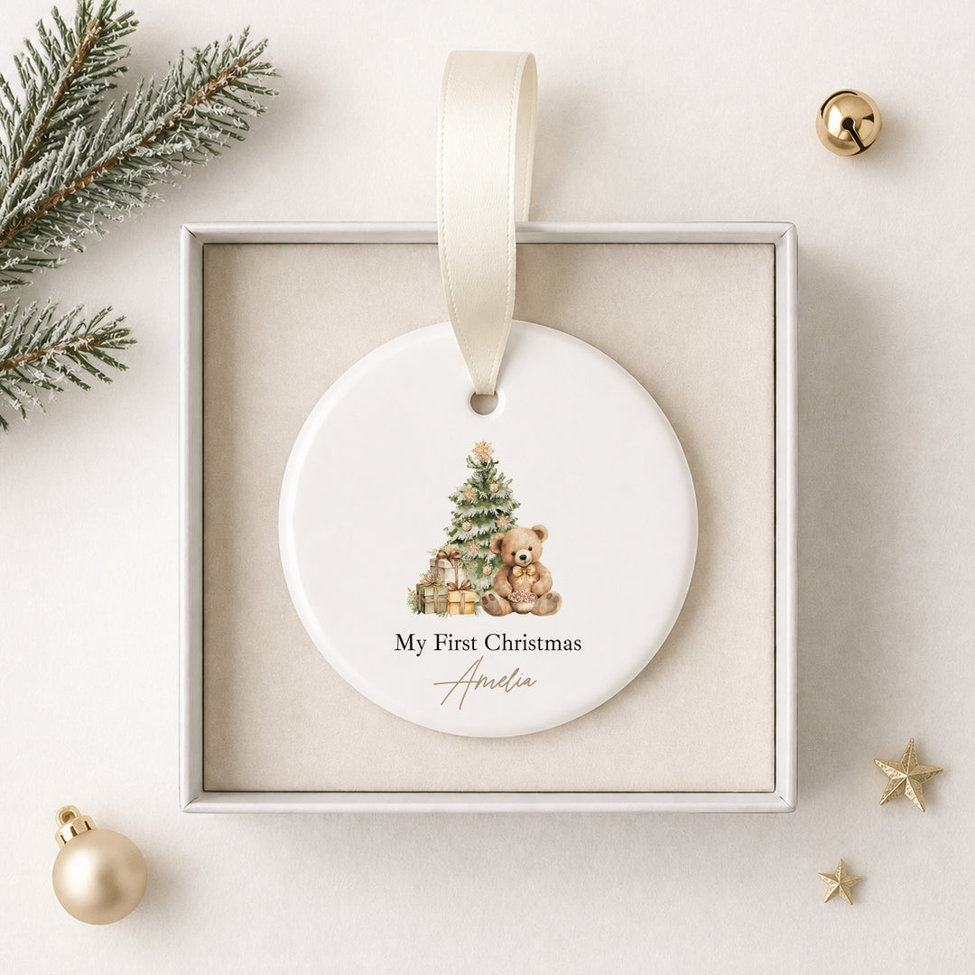 Personalised Beige Teddy Ceramic My First Christmas Bauble