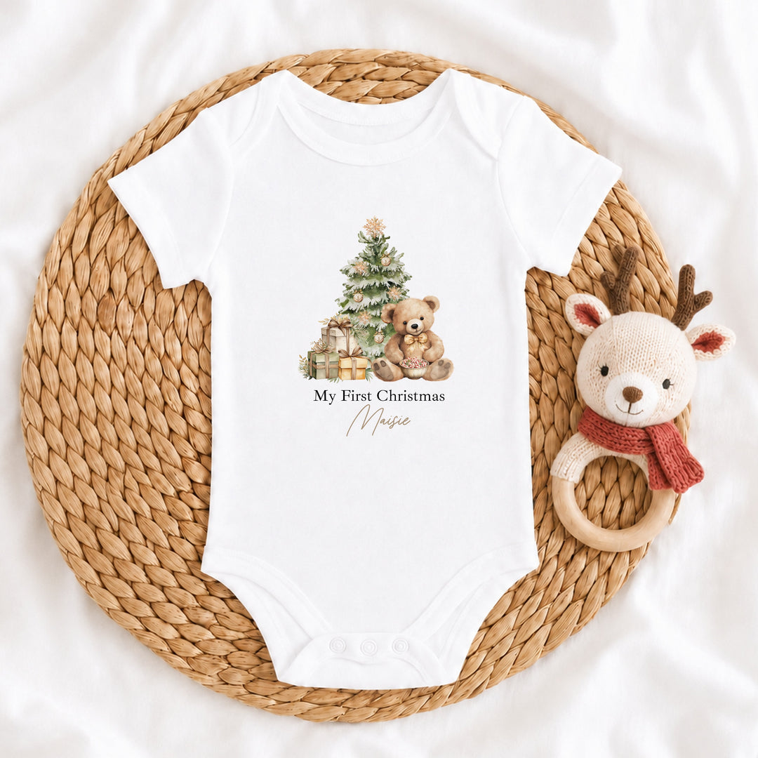 Personalised Beige Teddy My First Christmas Baby Grow, Vest or Bib