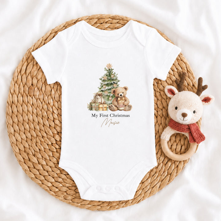 Personalised Beige Teddy My First Christmas Baby Grow, Vest or Bib