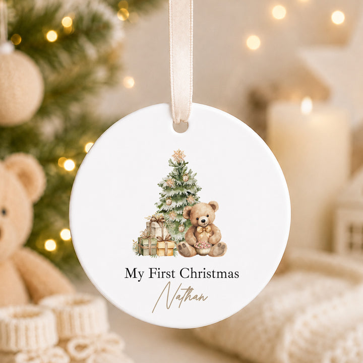 Personalised Beige Teddy Ceramic My First Christmas Bauble