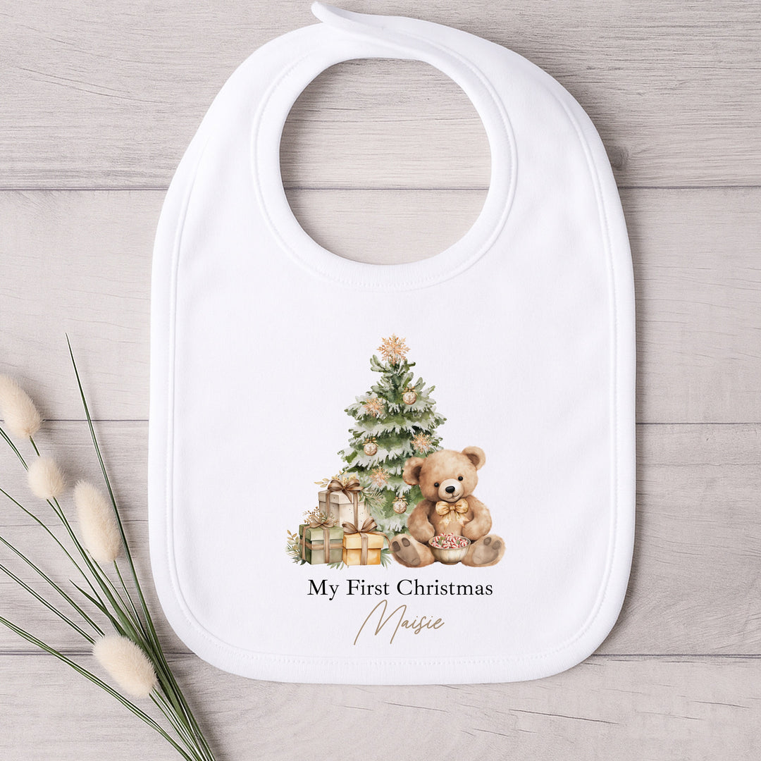 Personalised Beige Teddy My First Christmas Baby Grow, Vest or Bib