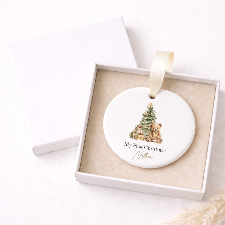 Personalised Beige Teddy Ceramic My First Christmas Bauble