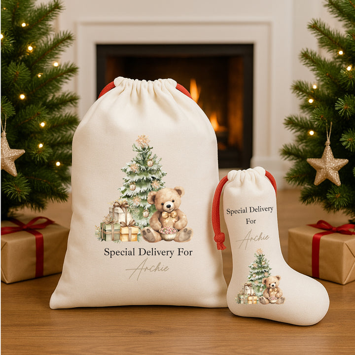 Personalised Beige Teddy Christmas Red Drawstring Santa Sack