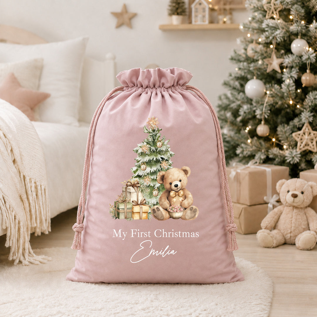 Personalised Beige Teddy My First Christmas Stocking or Santa Sack