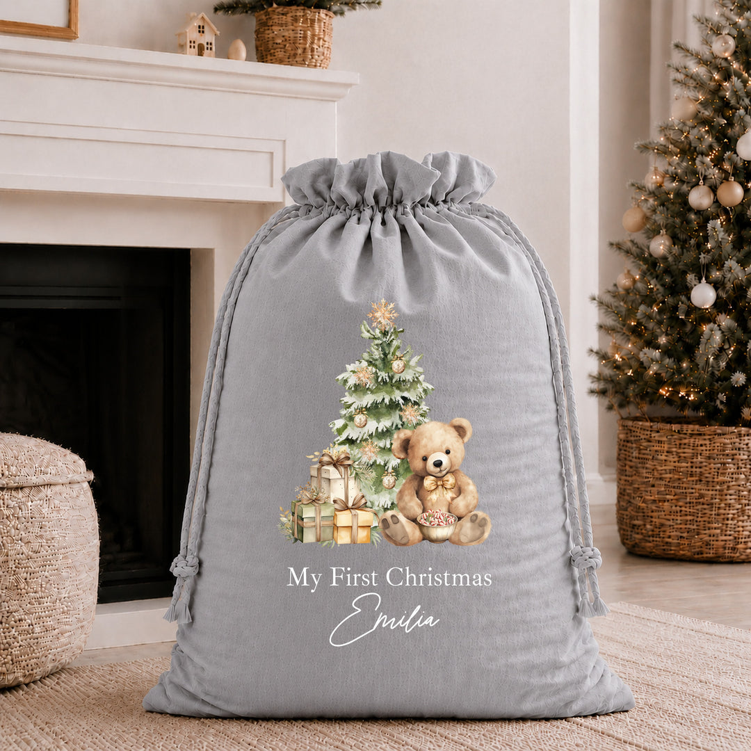 Personalised Beige Teddy My First Christmas Stocking or Santa Sack